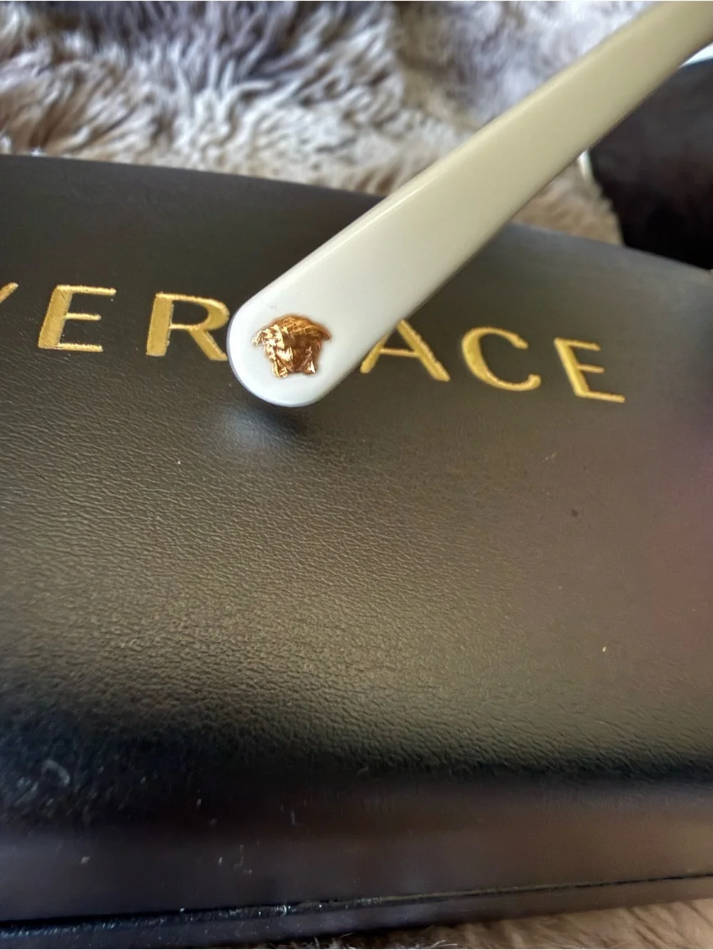 Versace White Frame Black Lens Sunglasses with Gold Accents